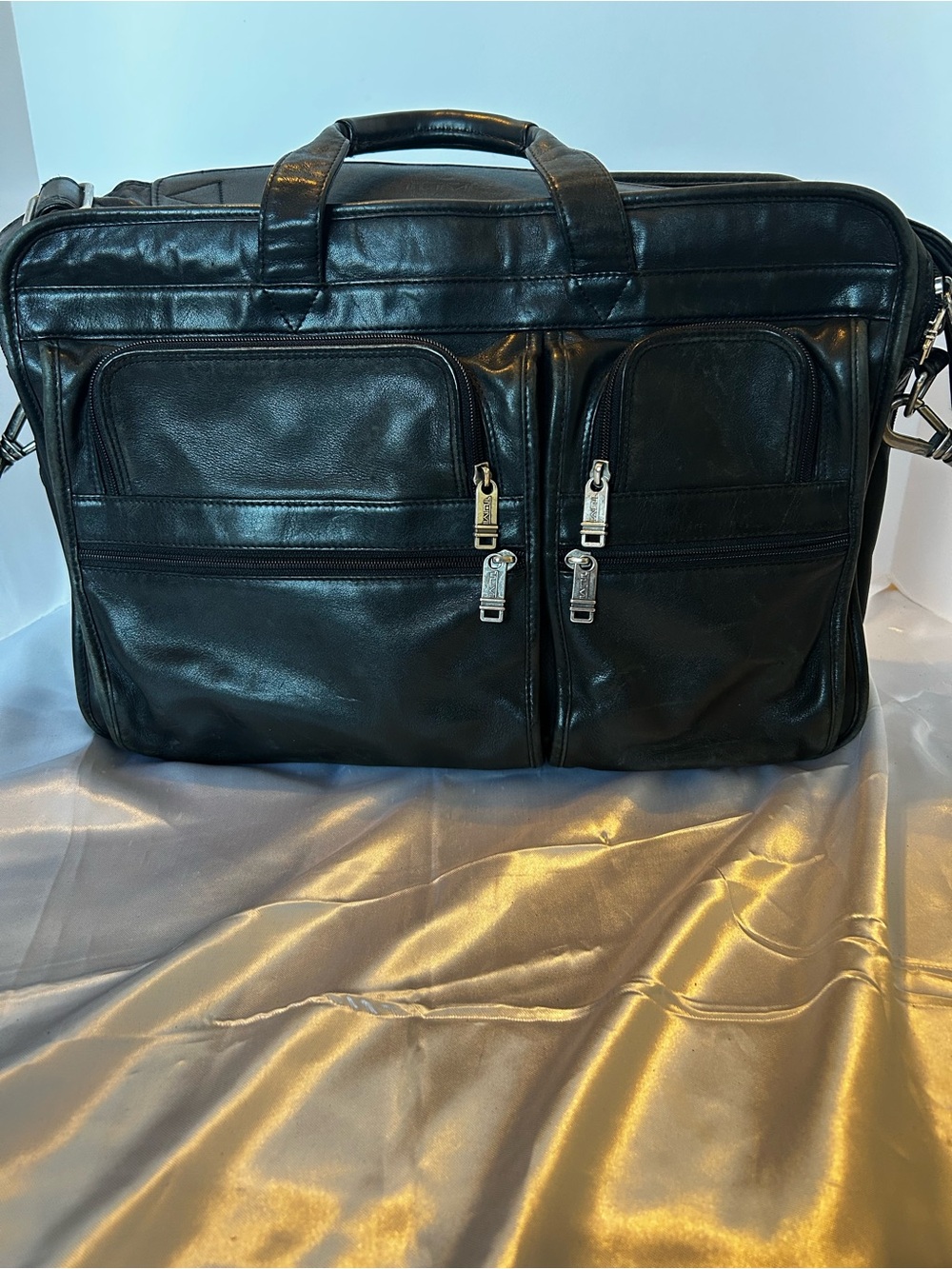 Vintage TUMI Black Leather Expandable Laptop‎ Briefcase Organizer Luggage Tag